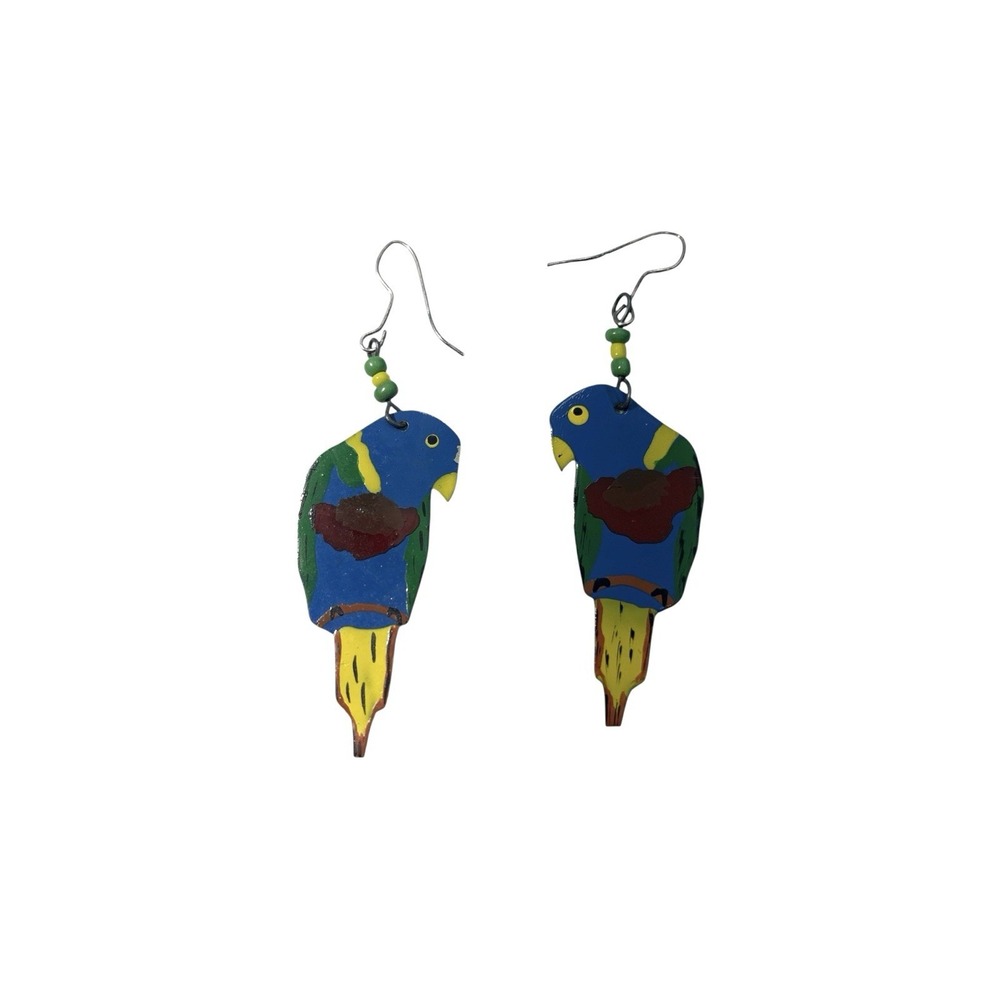 Vintage Painted Enamel Parrot Bird Bead Pierced Dangle Earrings